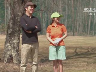 Golf prostitute gets teased and creamed by two youngsters